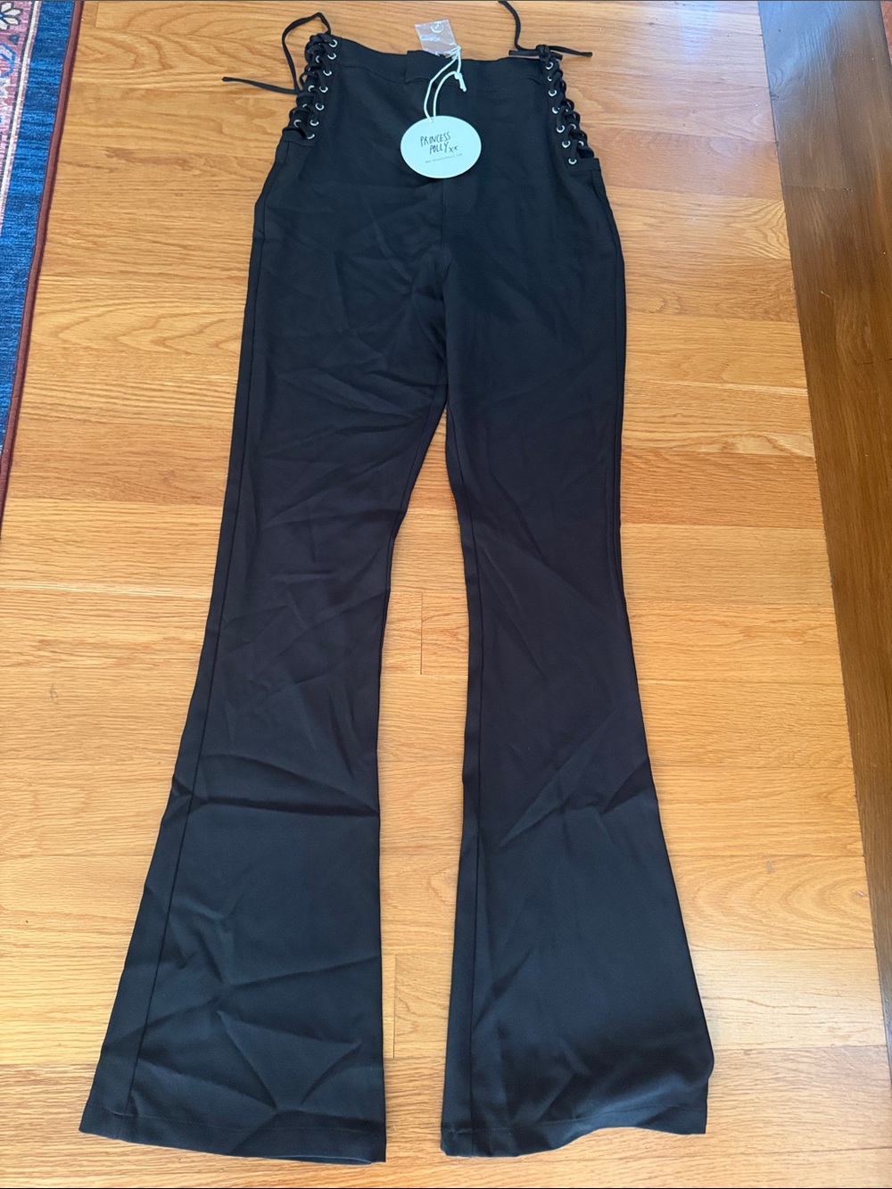 Princess Polly Black Lace-Up Sides High-Waist Flare Pants Sz 0 New with tag